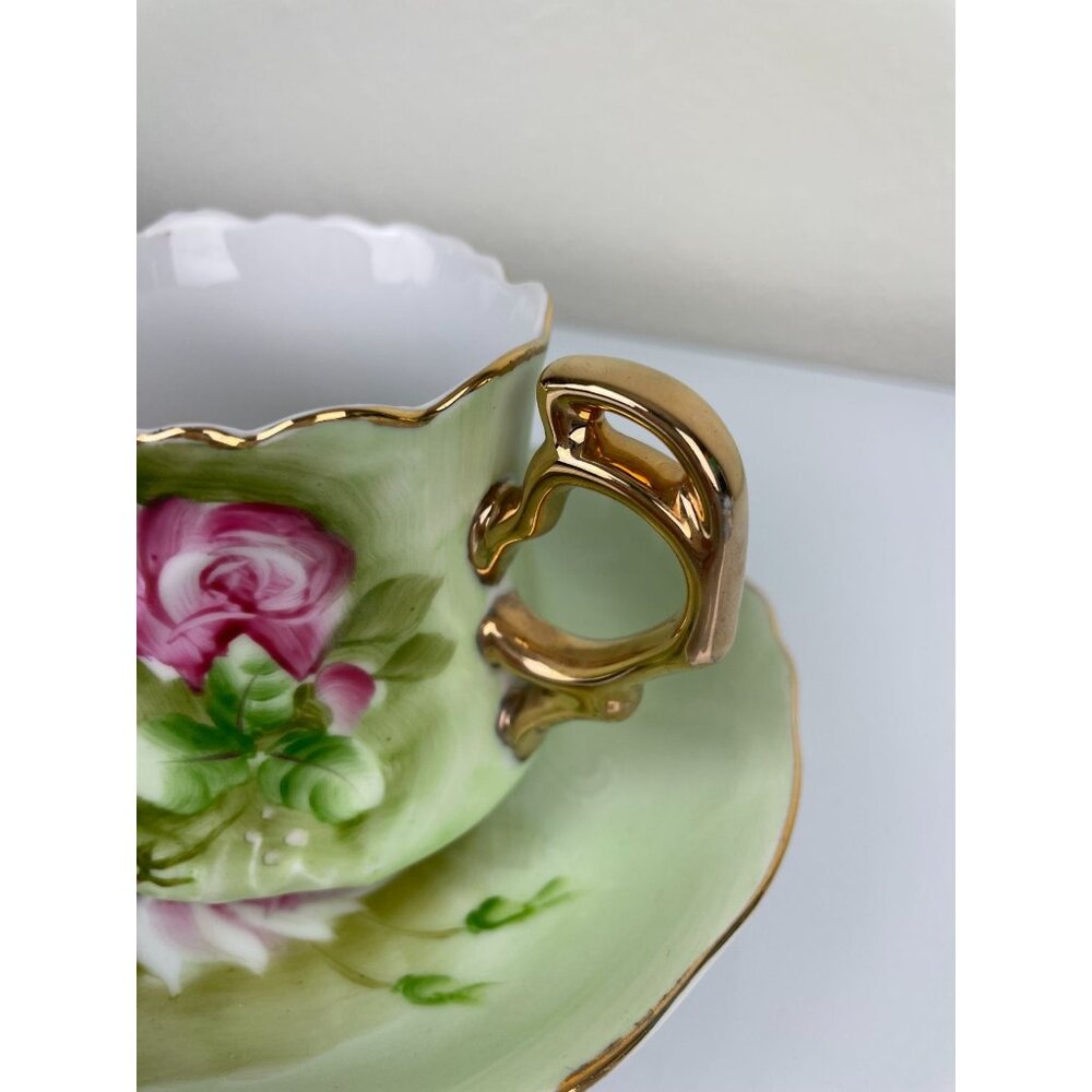 Lefton China Hand Painted Green & Pink Rose Teacup & Saucer Set, Gold Vintage - Picture 3 of 16
